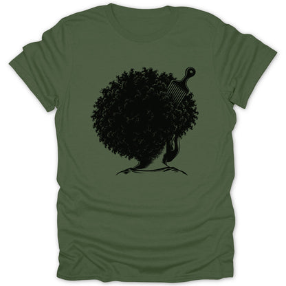 Black graphic of a person's head with afro and comb on green t-shirt.