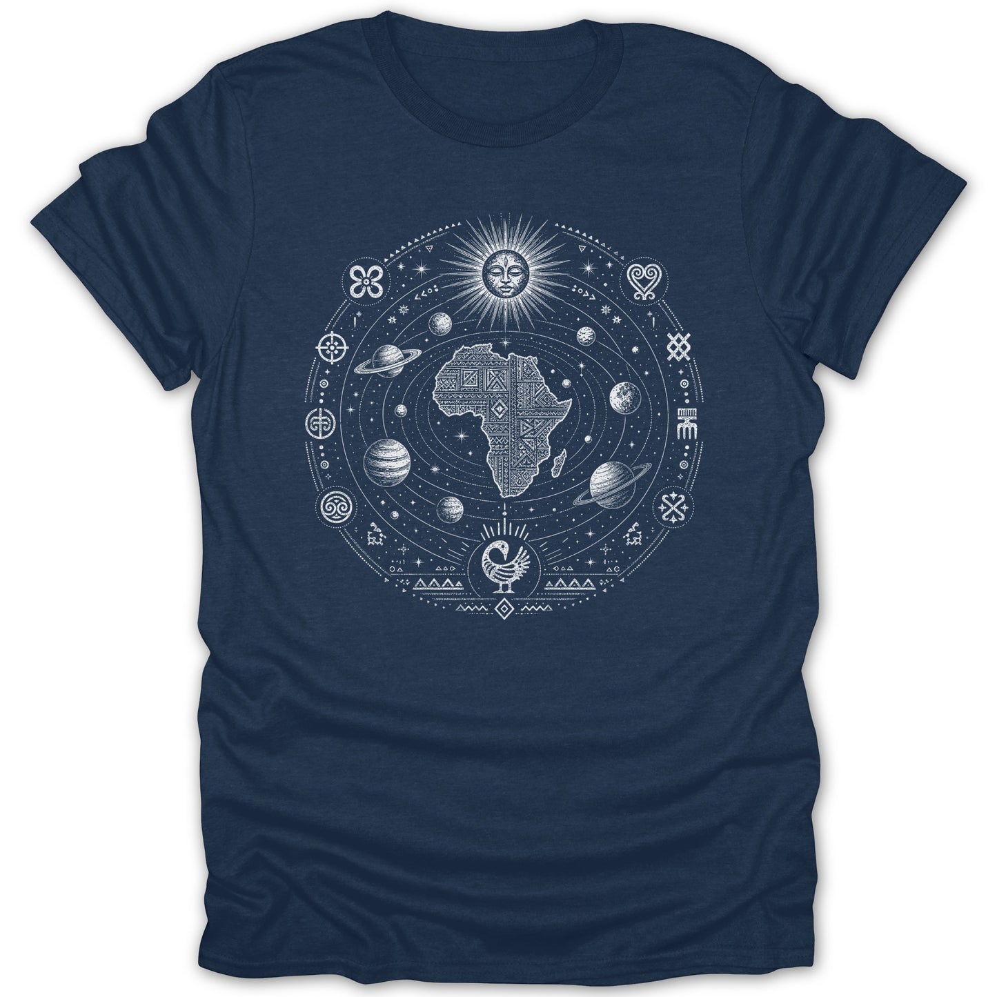 Navy t-shirt with white print of Africa surrounded by planets, sun, and Adinkra symbols.