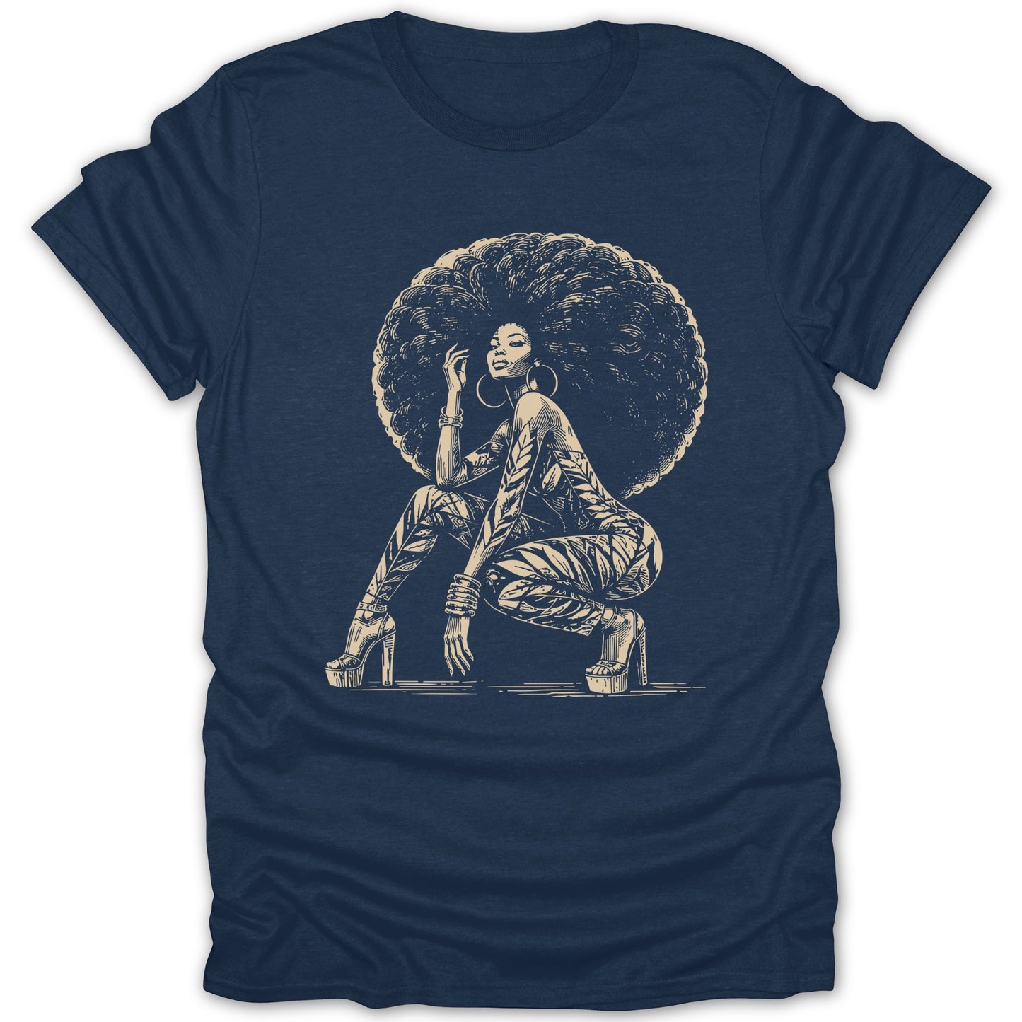 T-shirt with a graphic of a woman with an afro, wearing patterned clothing and platform heels.