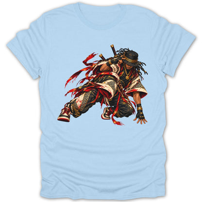 T-shirt with illustration of a crouching figure in Japanese-inspired attire and dreadlocks.