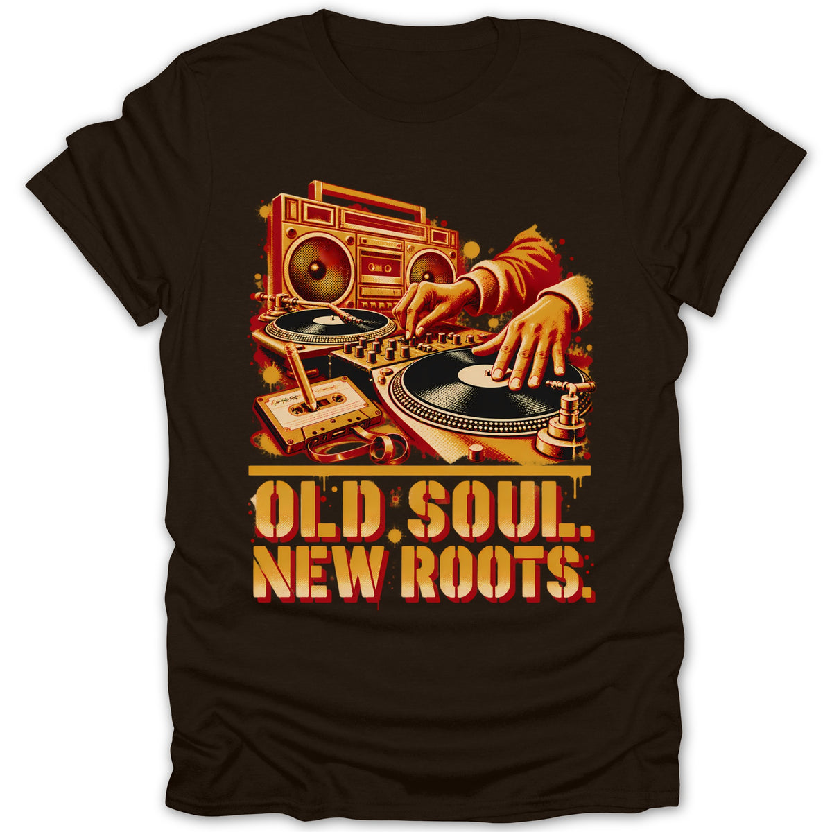 A dark brown t-shirt featuring a retro graphic of DJ equipment and the text Old Soul New Roots.