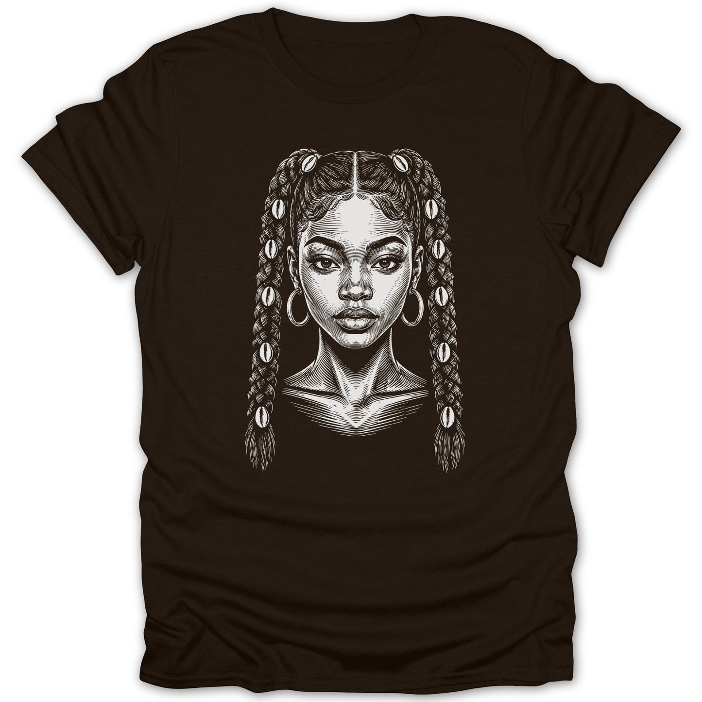 Line art portrait of a woman with braided pigtails and shell beads on a dark brown t-shirt.