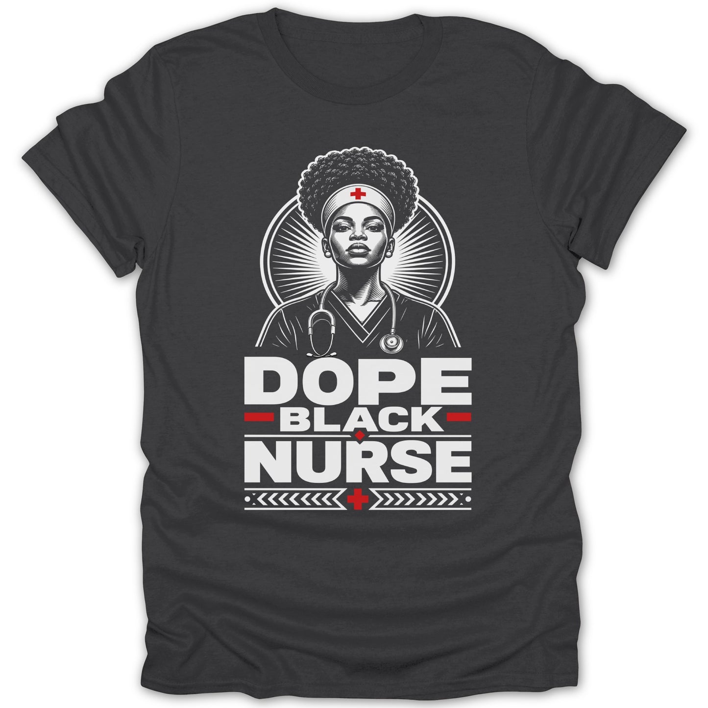 Dope Black Nurse t-shirt with graphic of a Black nurse and text.