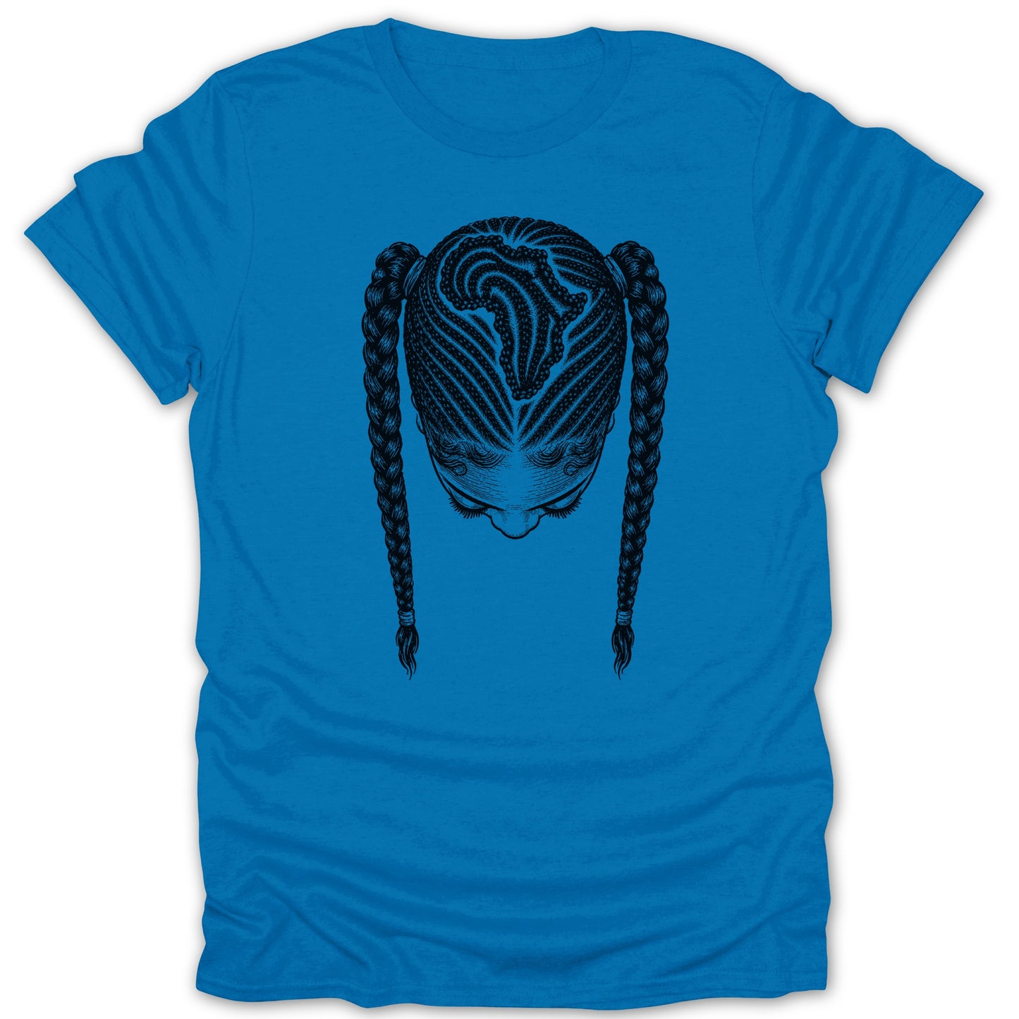 Blue t-shirt featuring a black graphic of a woman's head with braided hair.