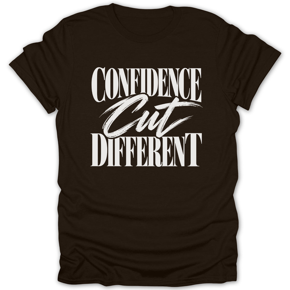 Brown t-shirt with white text "CONFIDENCE Cut DIFFERENT".