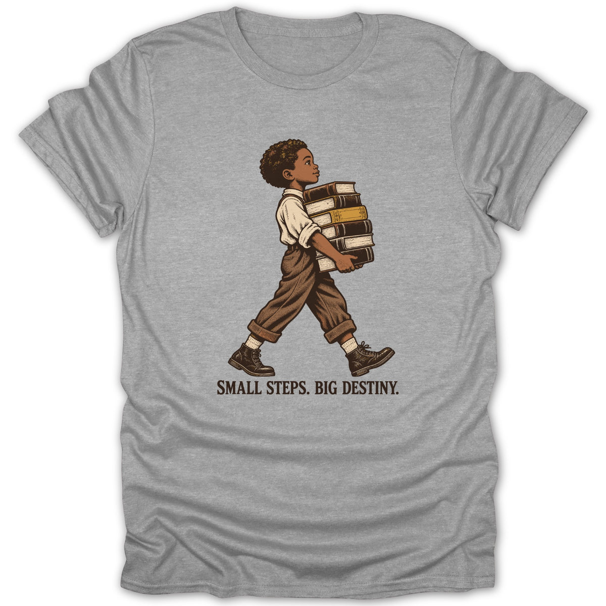 Illustration of a child carrying books with text "SMALL STEPS. BIG DESTINY."