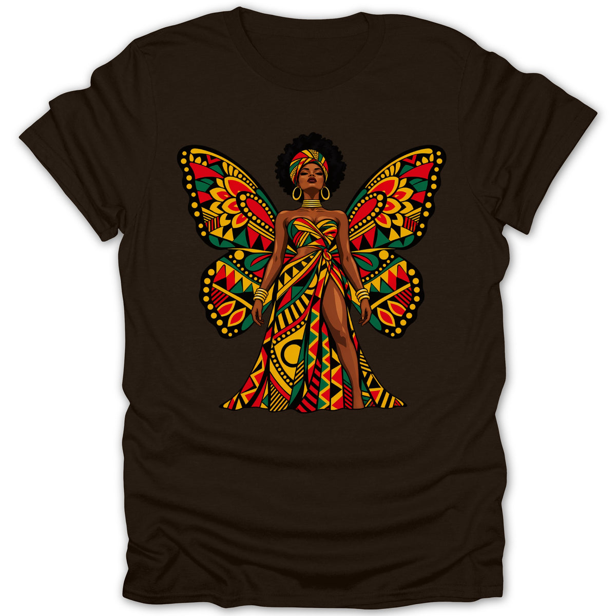 Woman with African-inspired butterfly wings and dress on dark t-shirt.
