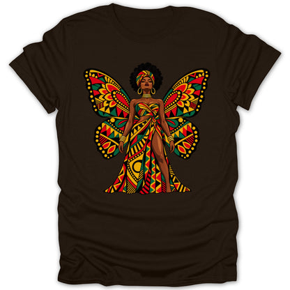 Woman with African-inspired butterfly wings and dress on dark t-shirt.