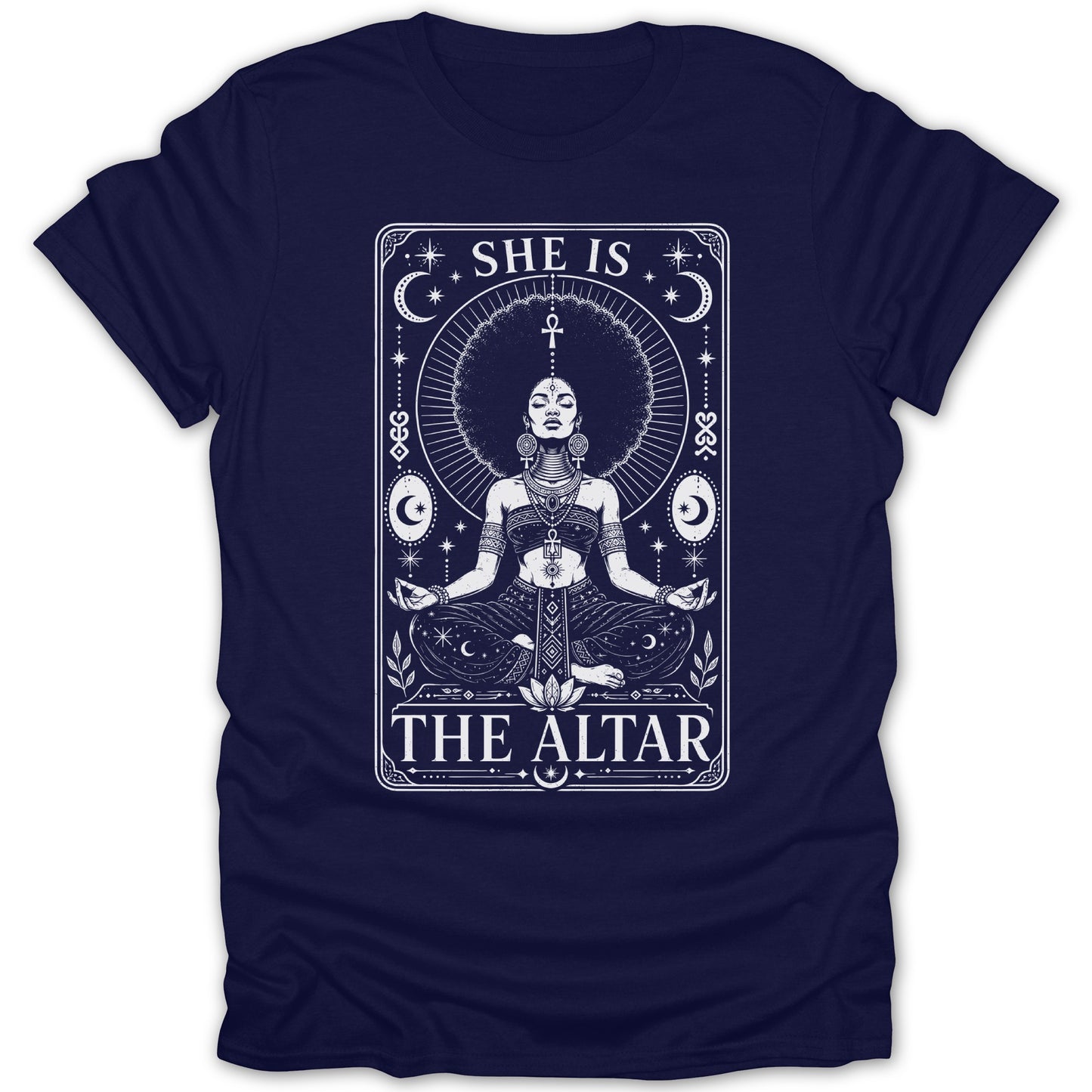 T-shirt graphic with woman meditating, celestial elements, and text "SHE IS THE ALTAR".