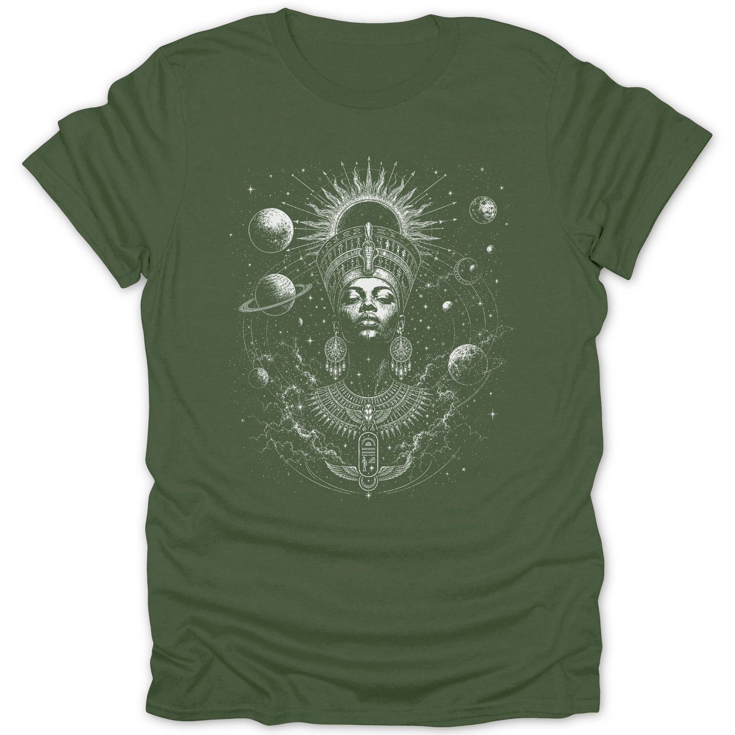 Green t-shirt with white Egyptian-inspired cosmic galaxy graphic.