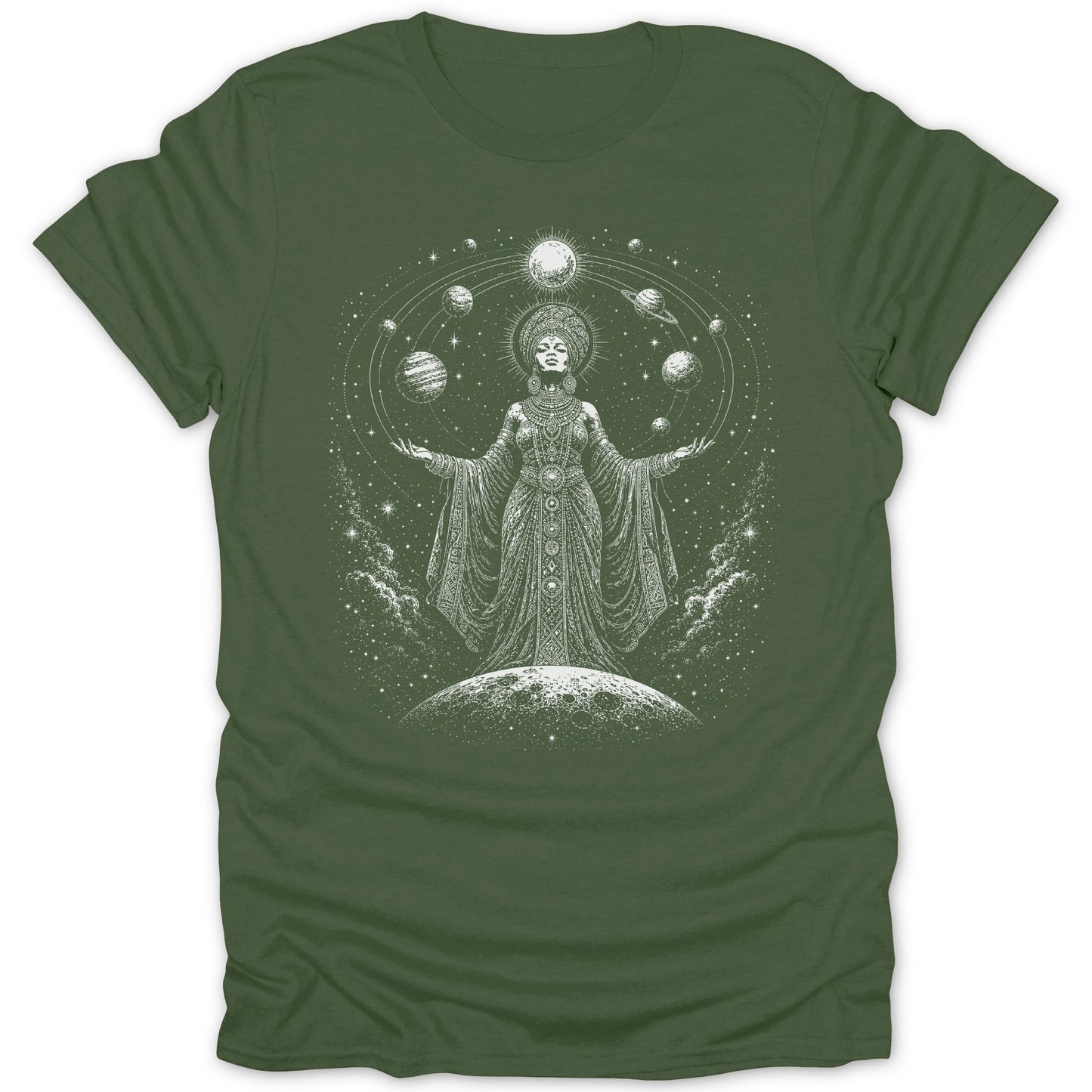 Woman in ornate dress standing on moon with planets in astral background.