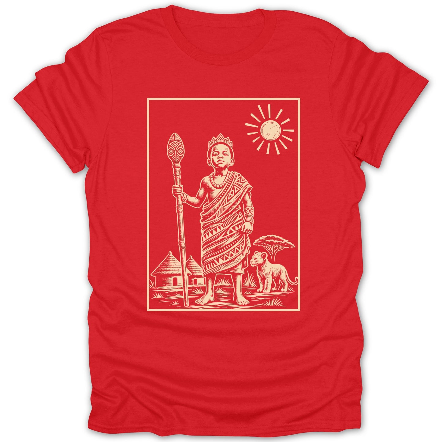 Child in crown and traditional garb holds spear with lion and village under sun.