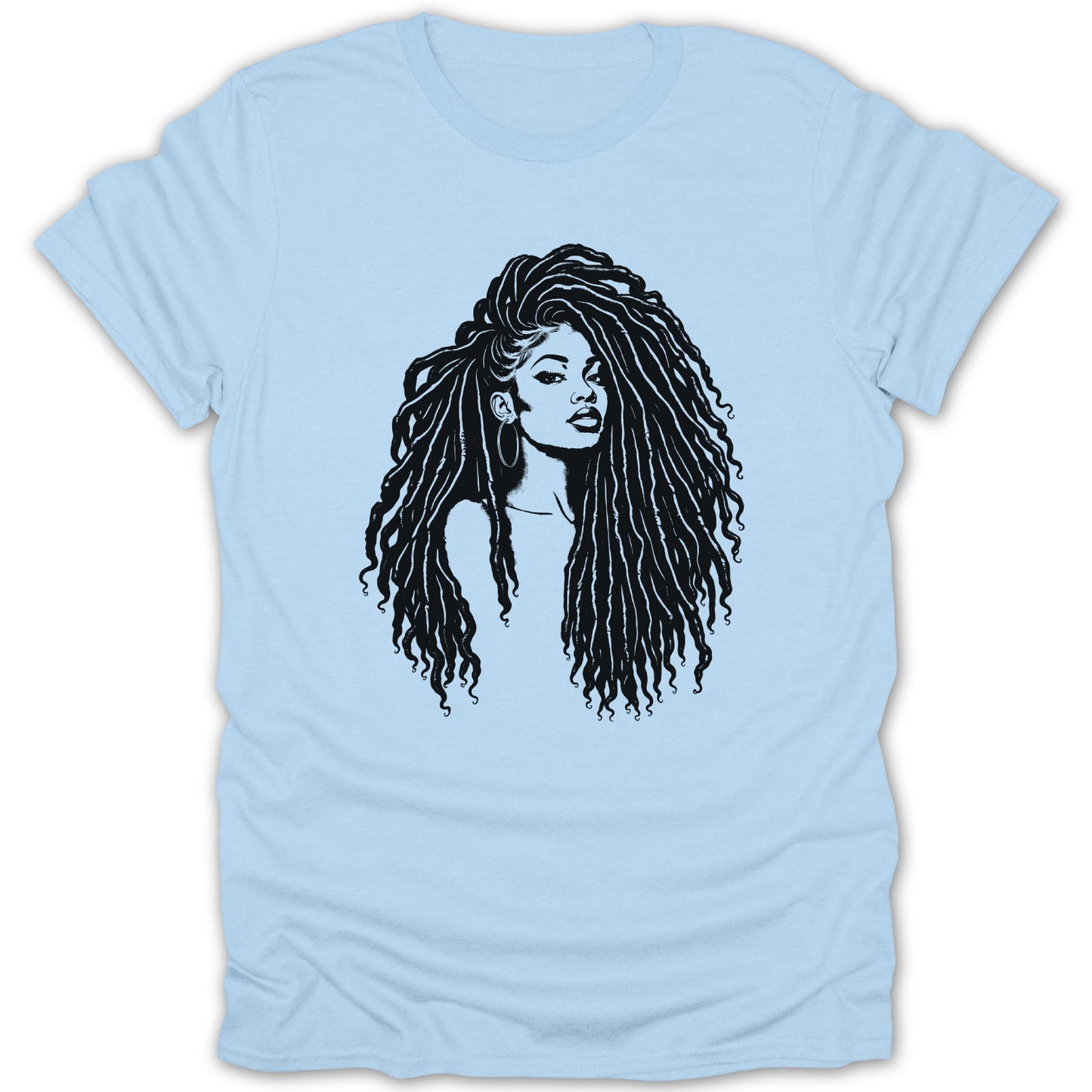 Black line art of a woman with long dreadlocks on a light blue t-shirt.