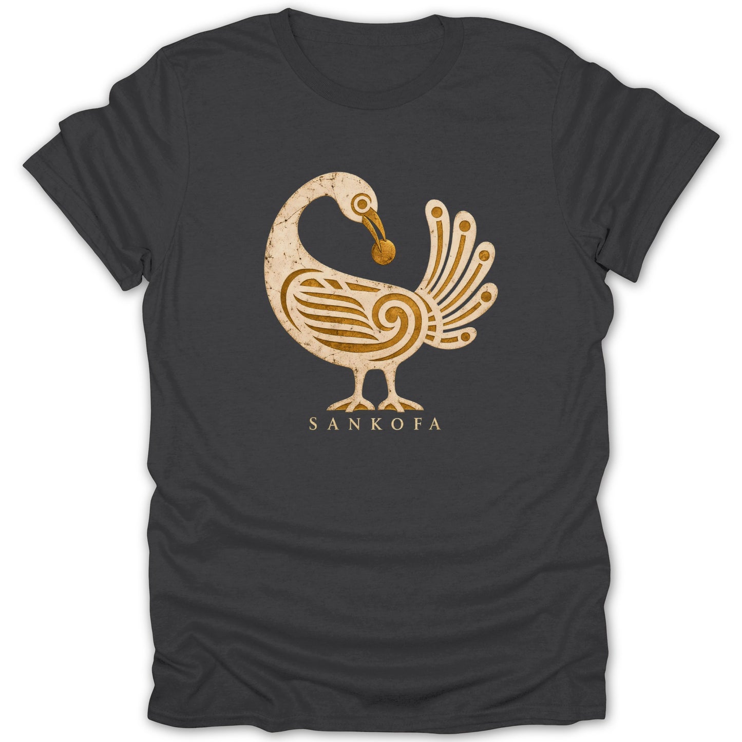 Dark grey t-shirt with faded Sankofa bird graphic and text.