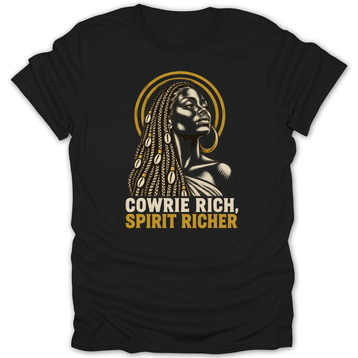 Black t-shirt featuring a graphic of a Black woman with braided hair and cowrie shells, with text reading Cowrie Rich, Spirit Richer.