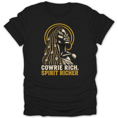 Black t-shirt featuring a graphic of a Black woman with braided hair and cowrie shells, with text reading Cowrie Rich, Spirit Richer.