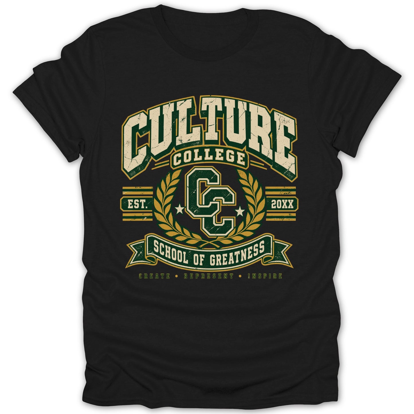 Black t-shirt with distressed green and gold "Culture College School of Greatness" graphic.