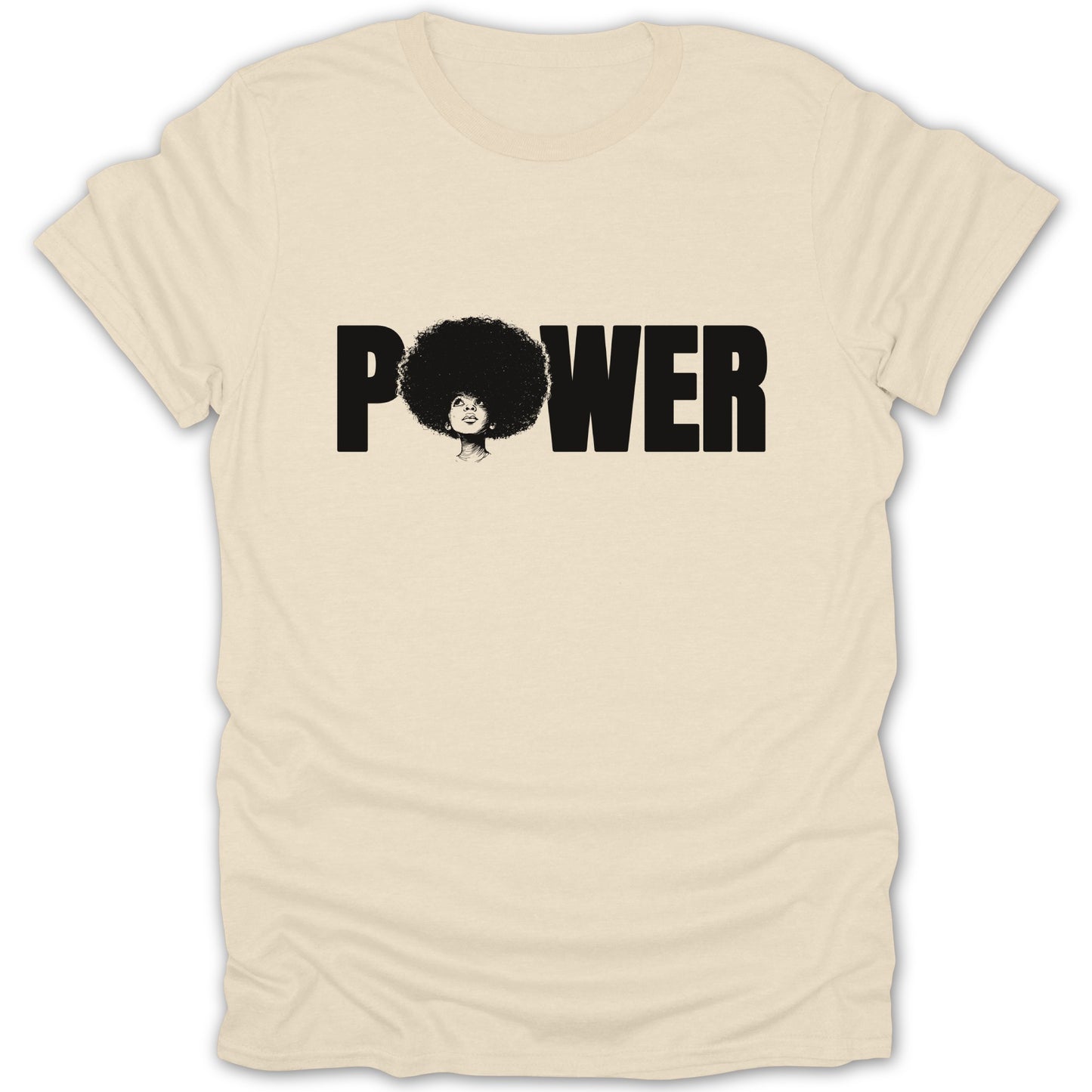 Cream t-shirt with black text "POWER" and illustration of a woman with an afro.