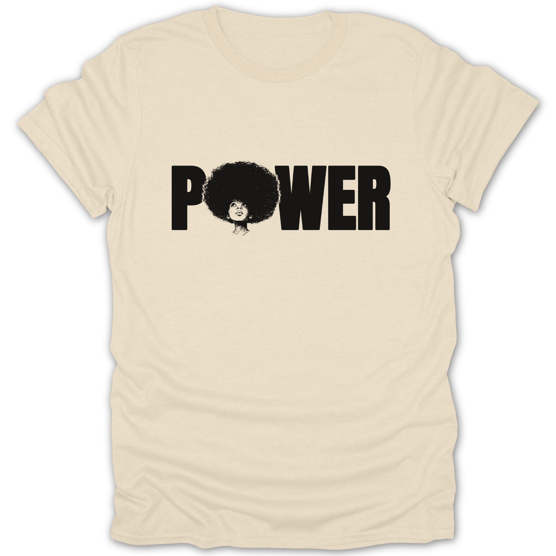 Cream t-shirt with black text "POWER" and illustration of a woman with an afro.