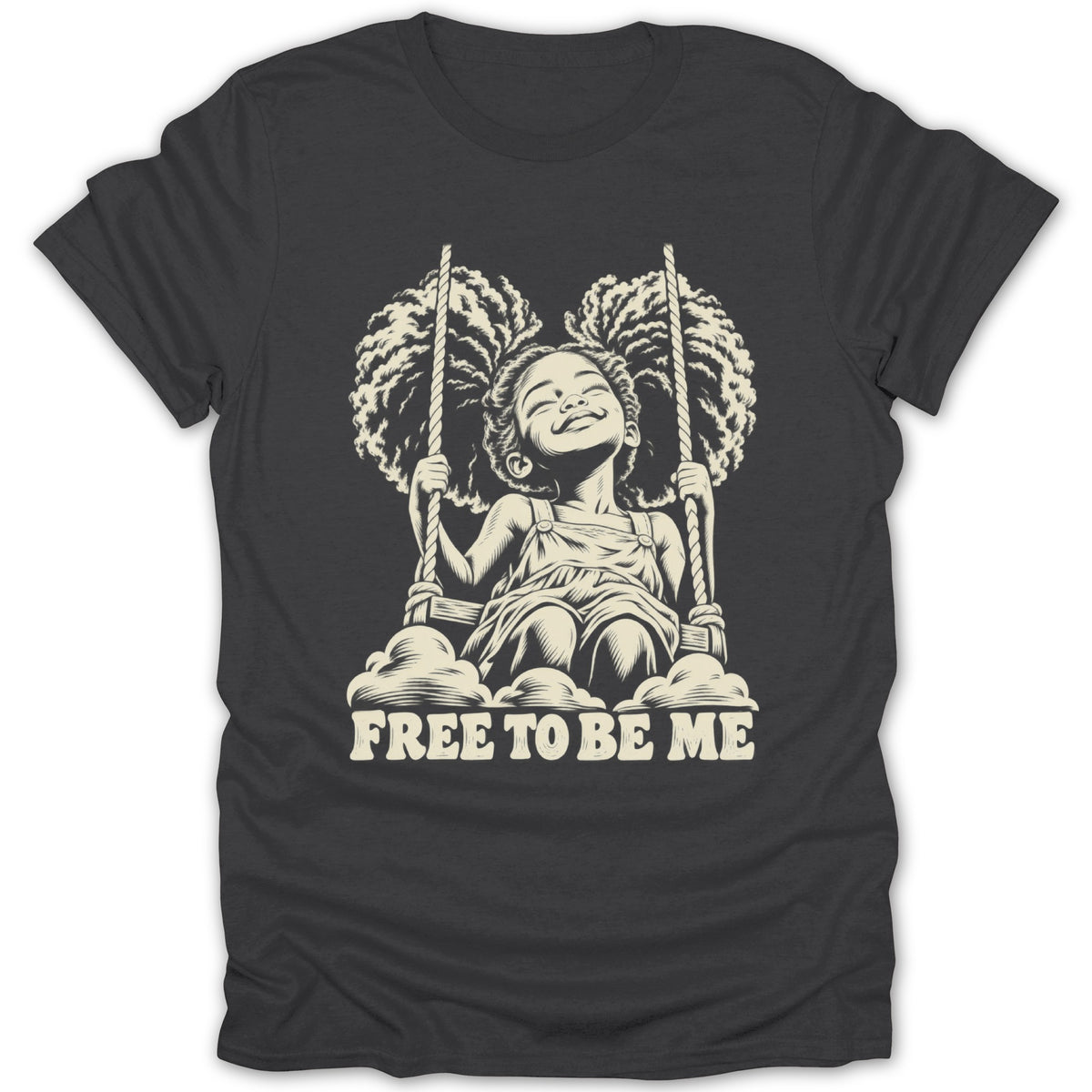 Illustration of a girl on a swing with text "FREE TO BE ME" on a t-shirt.