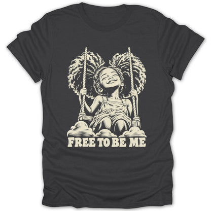 Illustration of a girl on a swing with text "FREE TO BE ME" on a t-shirt.