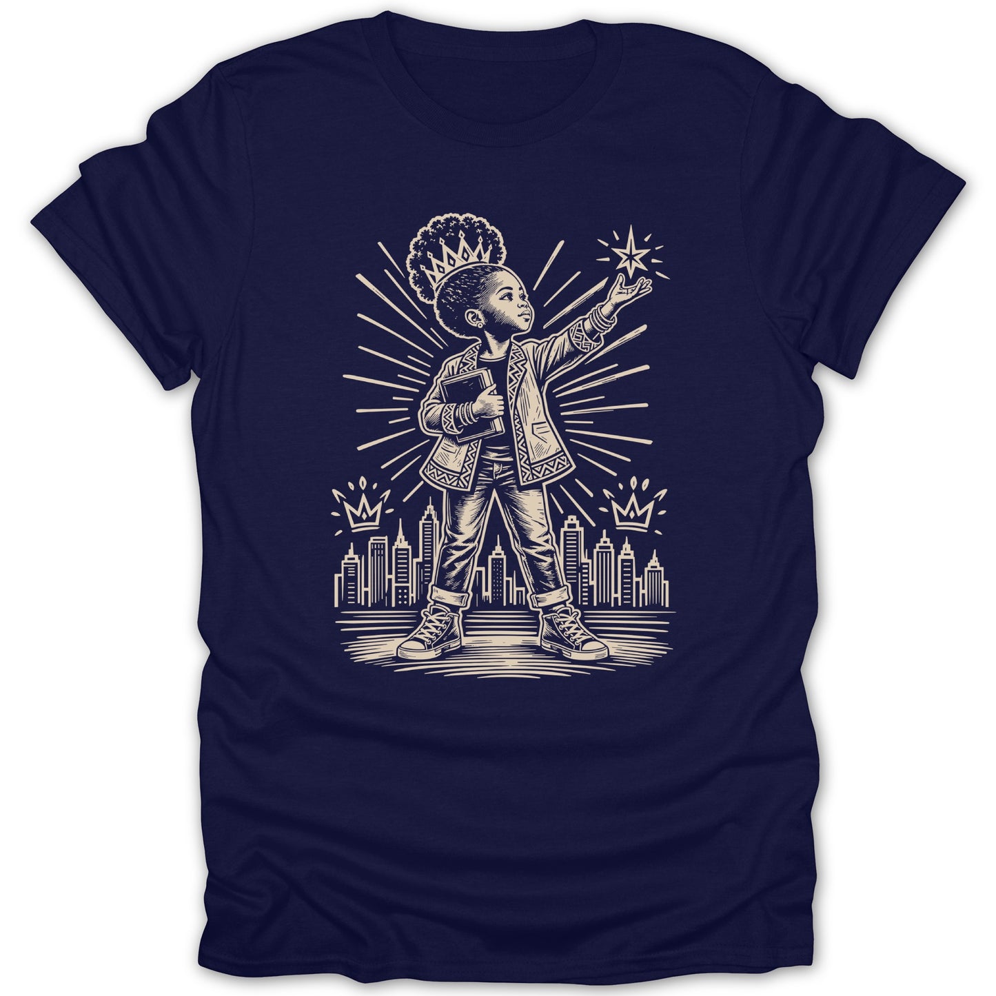 Black child in crown and jacket reaches for a star over city skyline.