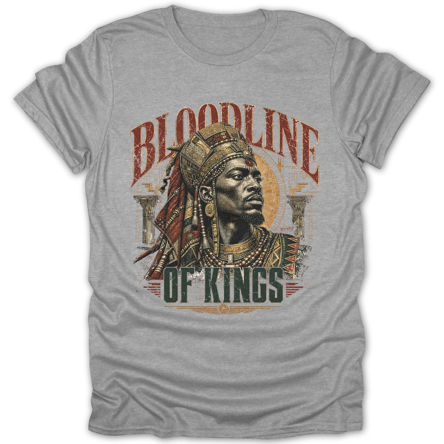Grey t-shirt with a "Bloodline of Kings" graphic featuring a regal man's portrait.