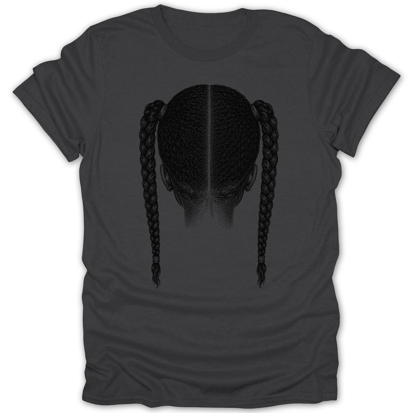 Dark grey t-shirt with a black and white illustration of a person's head from behind with two braids.