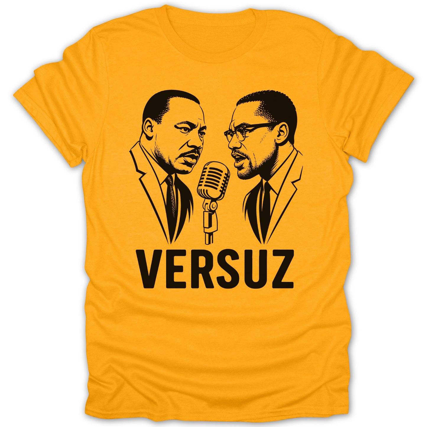 Graphic of Martin Luther King Jr. and Malcolm X on a yellow t-shirt with "VERSUZ" text.
