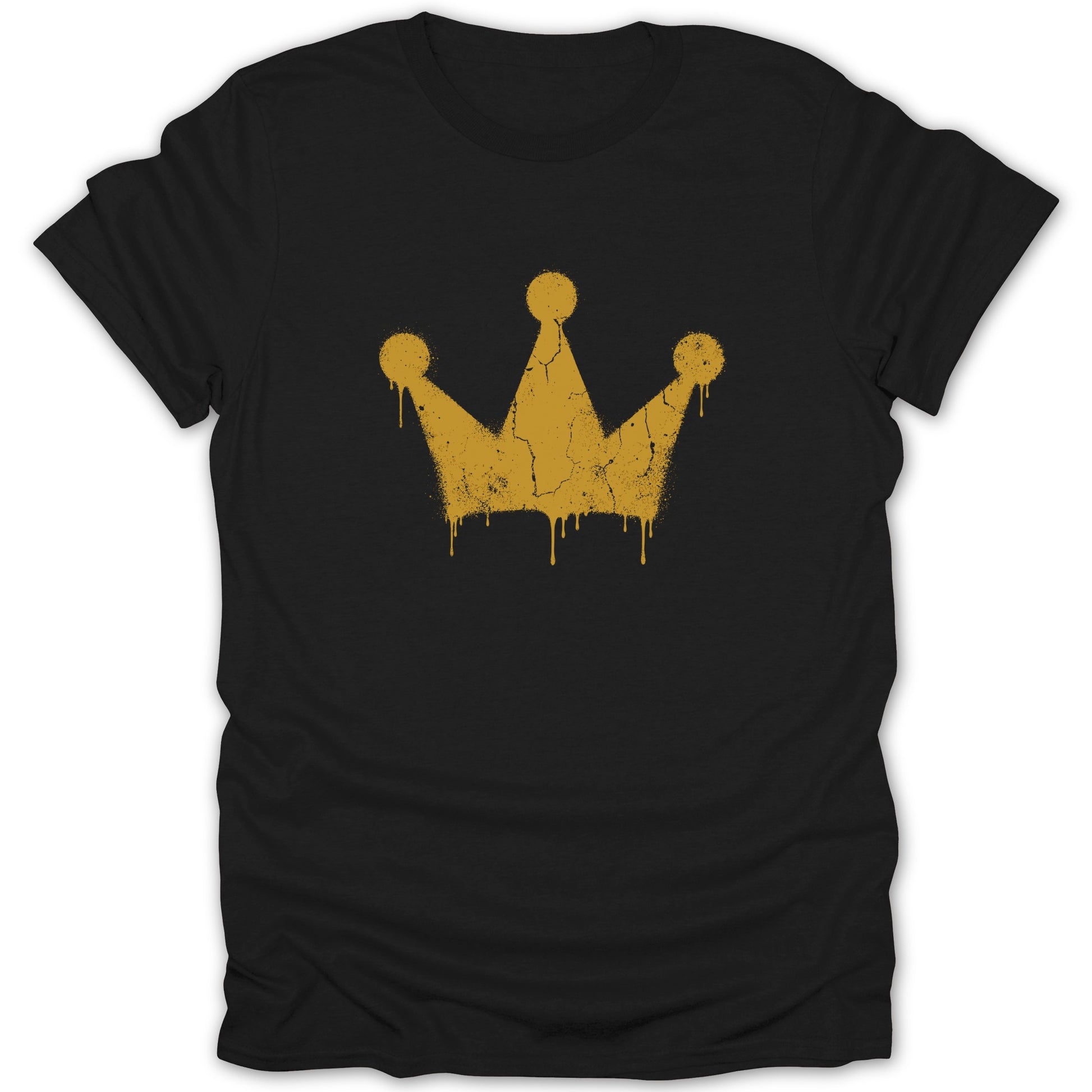 Black t-shirt with a distressed gold crown graphic and dripping effect.