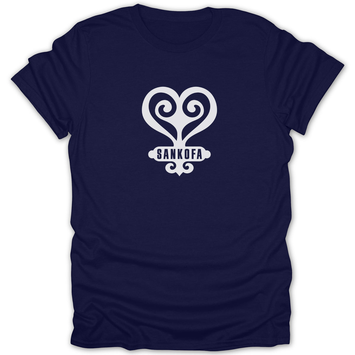A dark blue crewneck t-shirt featuring a white Sankofa heart symbol centered on the chest.