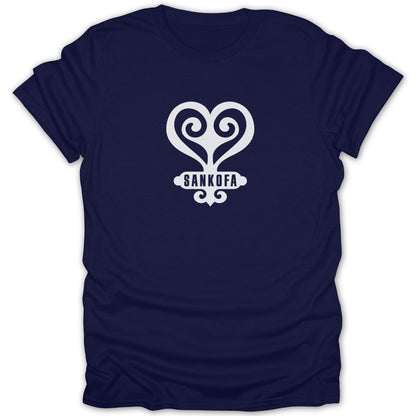 A dark blue crewneck t-shirt featuring a white Sankofa heart symbol centered on the chest.