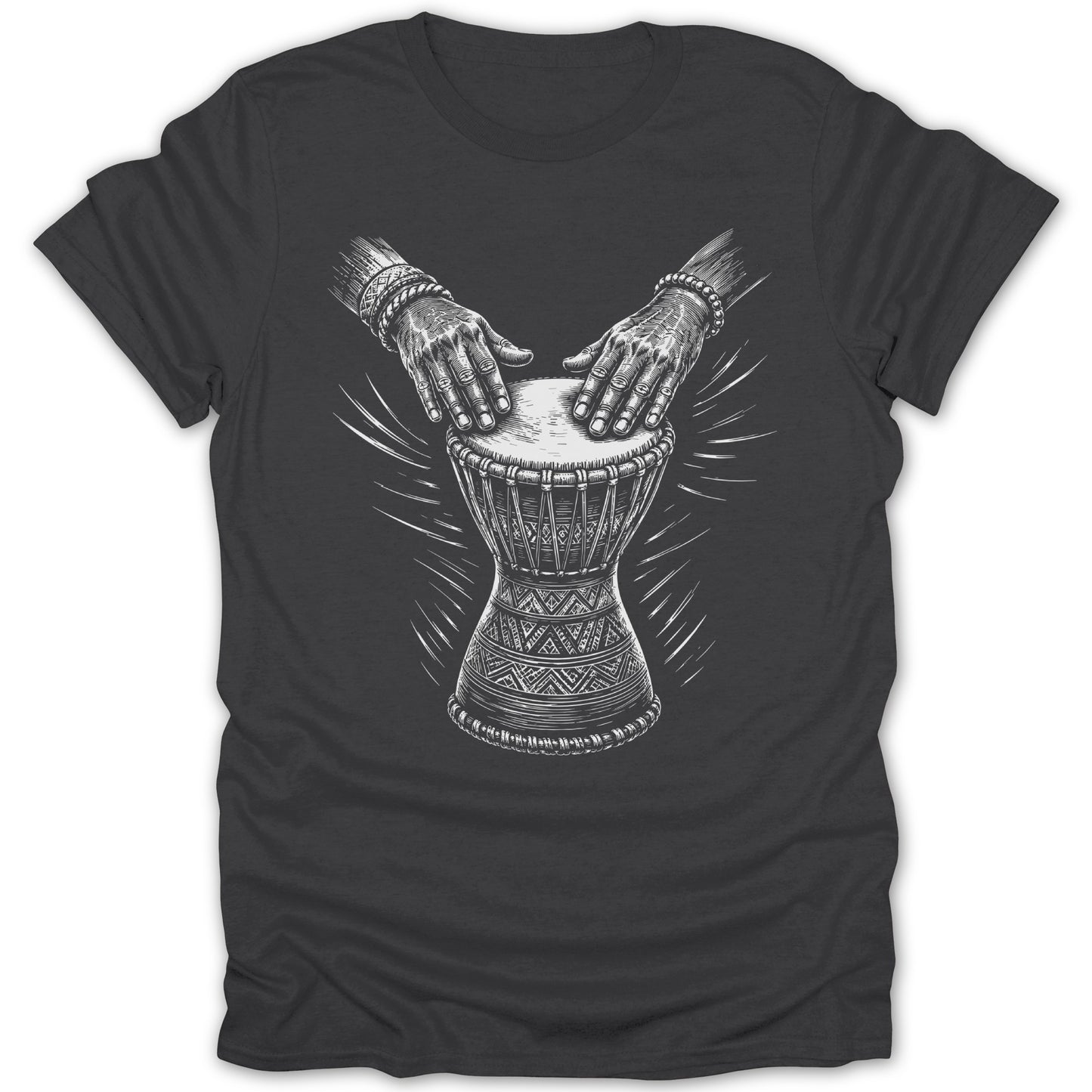 Illustration of hands playing a djembe drum with tribal patterns.