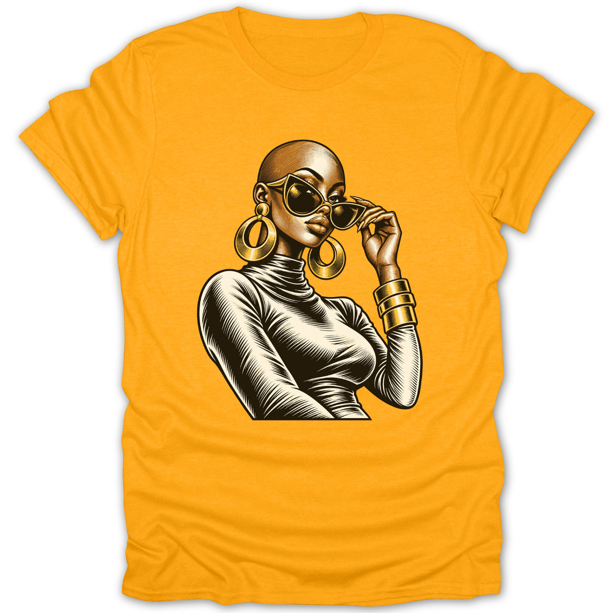 T-shirt with graphic of bald woman wearing sunglasses, large hoop earrings, and gold bracelets.