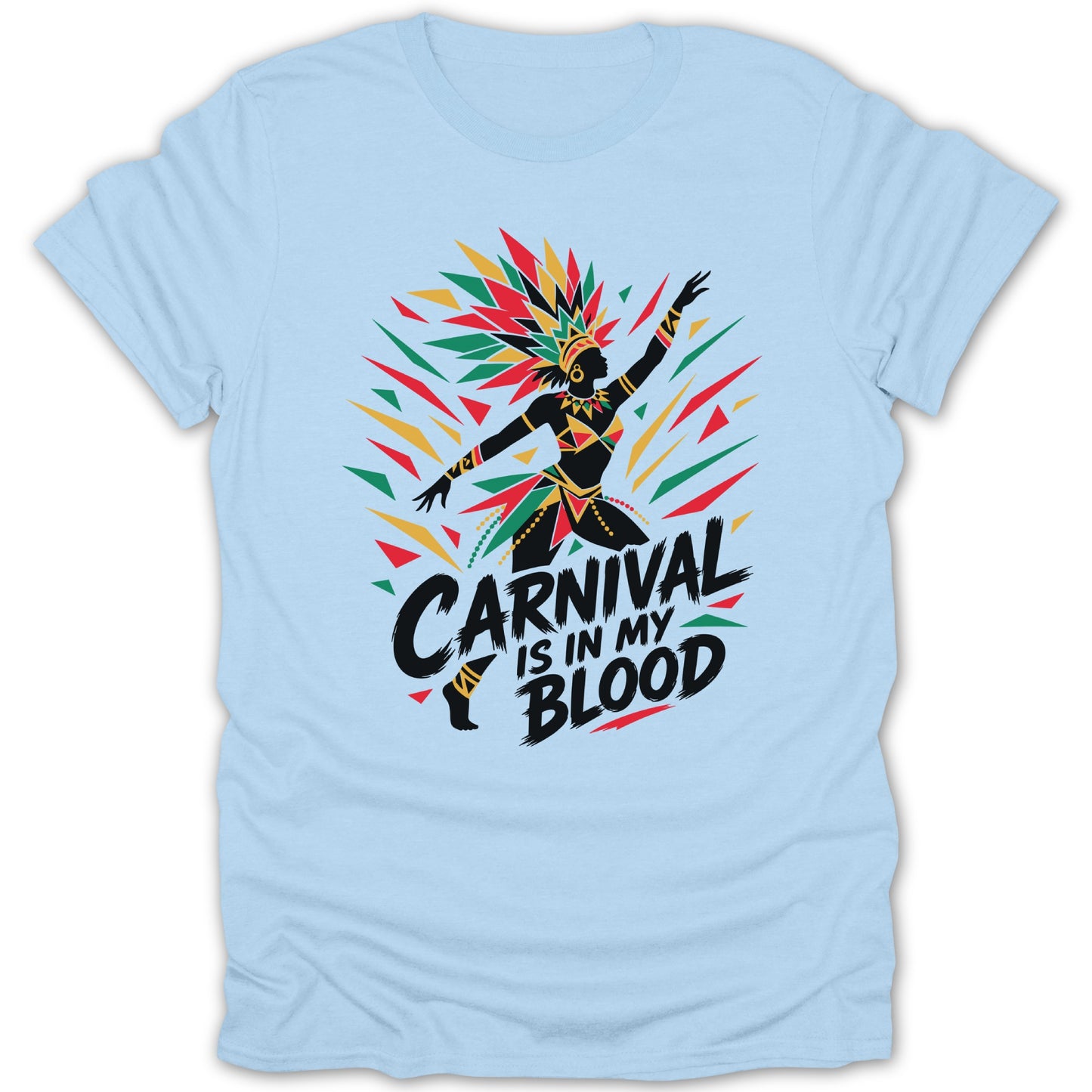 Carnival dancer silhouette with headdress and text above "CARNIVAL IS IN MY BLOOD."