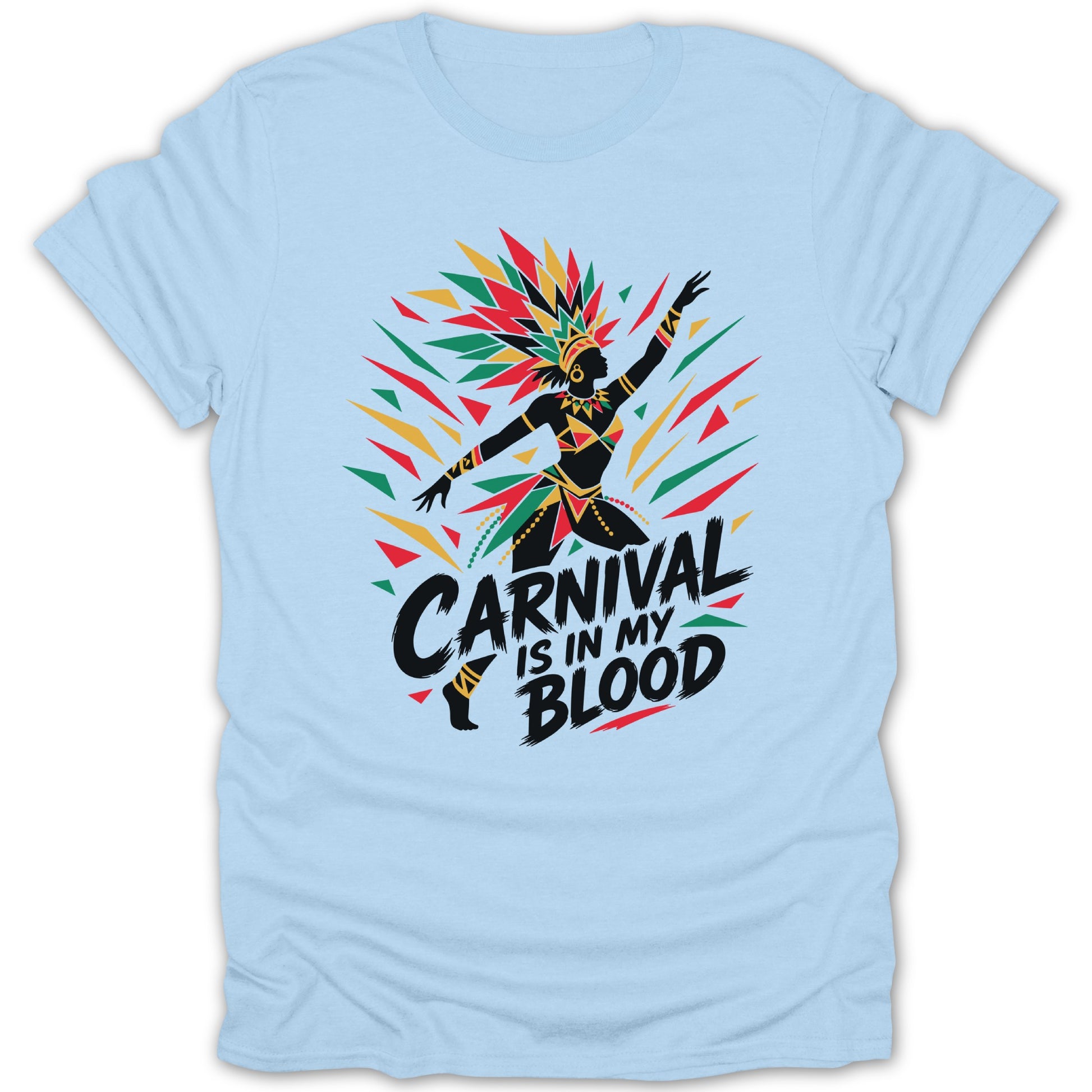 Carnival dancer silhouette with headdress and text above "CARNIVAL IS IN MY BLOOD."