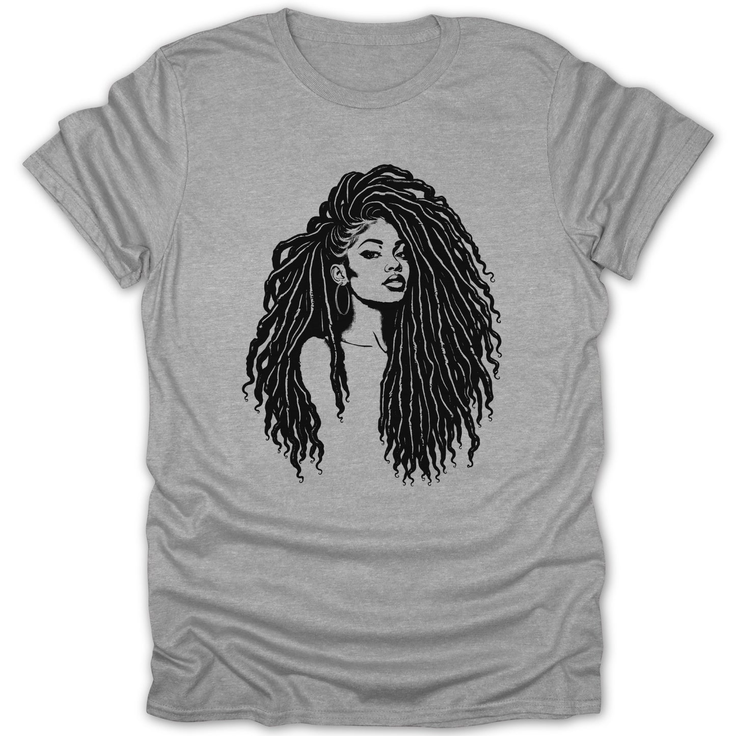 Black and white graphic of a woman with long dreadlocks on a grey t-shirt.