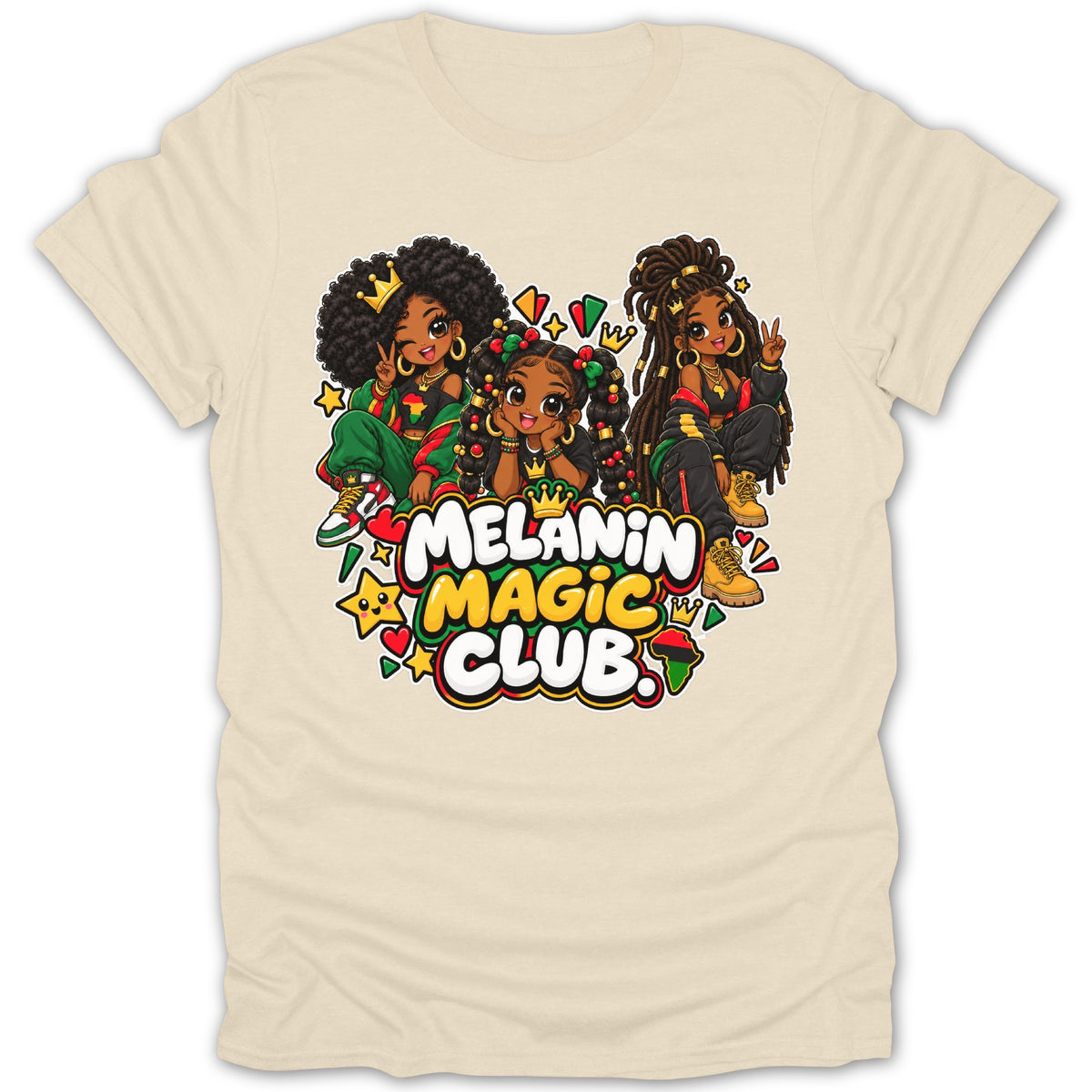 Three cartoon girls with crowns and melanin magic club text on a tan t-shirt.