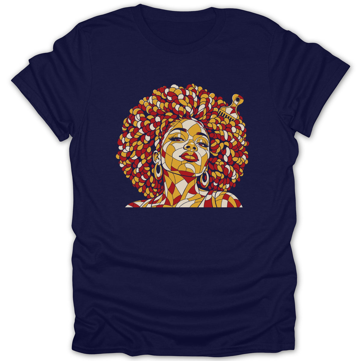 A dark blue t-shirt printed with a geometric mosaic illustration of a woman with a large afro and pick.