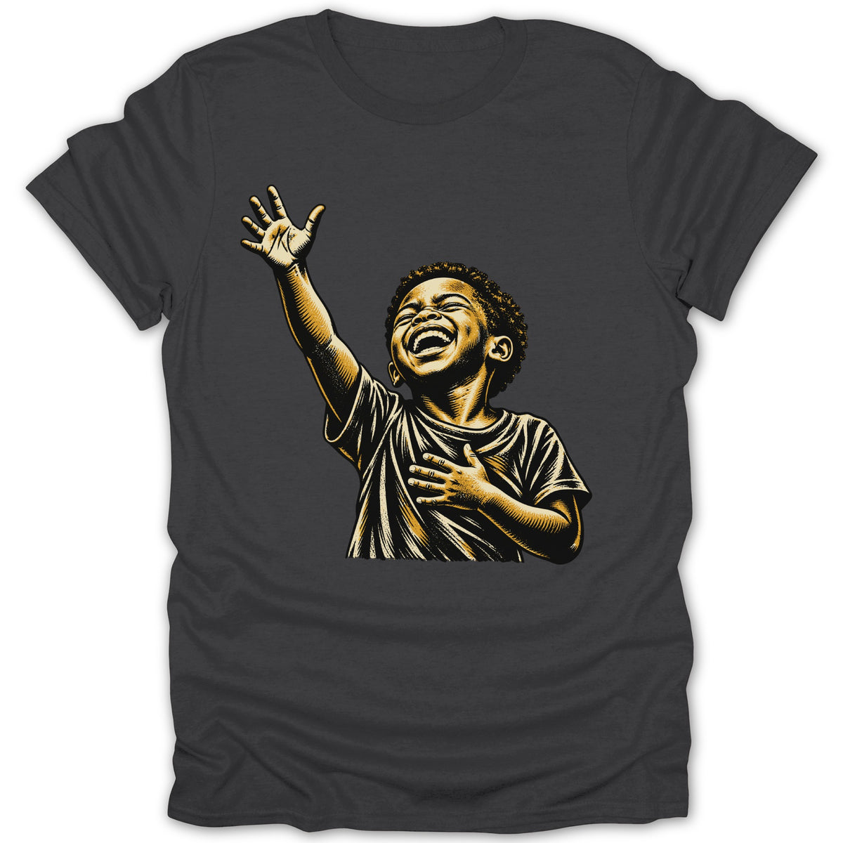 Illustration of a joyful child with arm raised, one hand on chest, on a dark t-shirt.