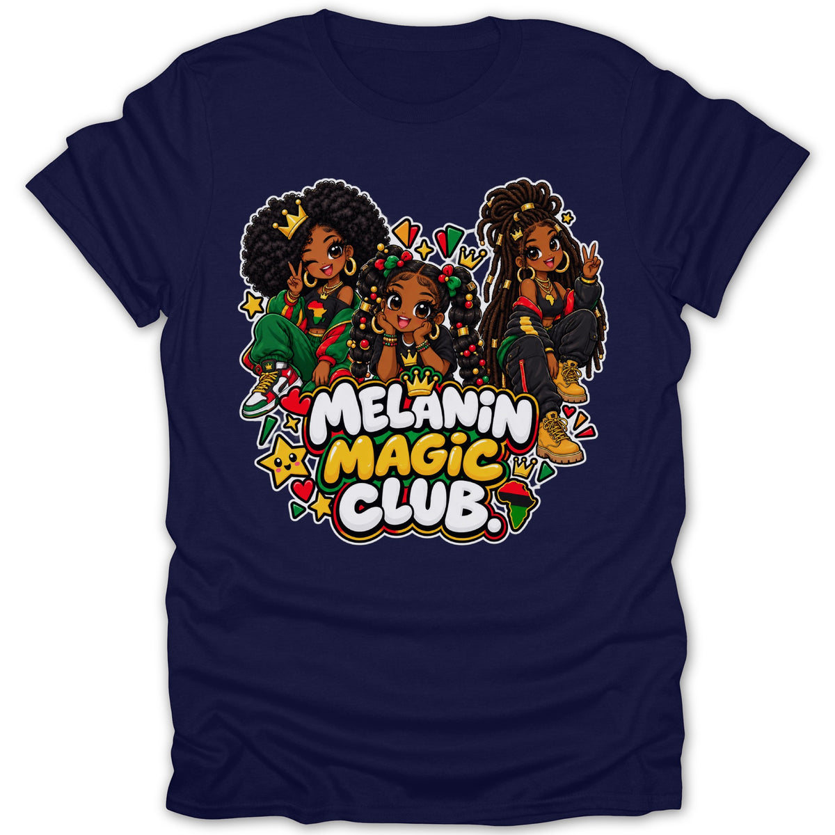 Three girls with crowns and the text "Melanin Magic Club" on a navy t-shirt.