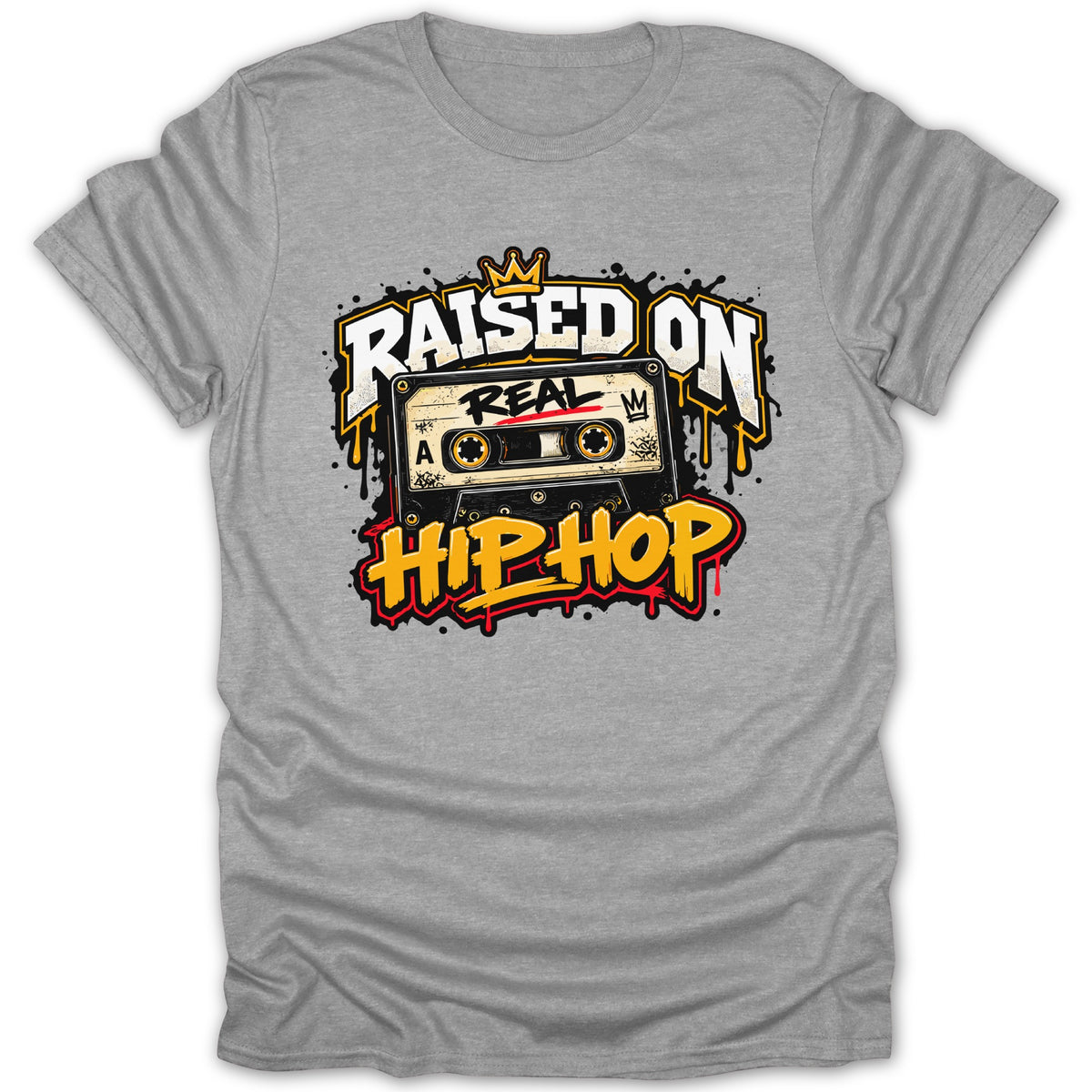 Grey t-shirt with "Raised On Real Hip Hop" text and cassette tape graphic.