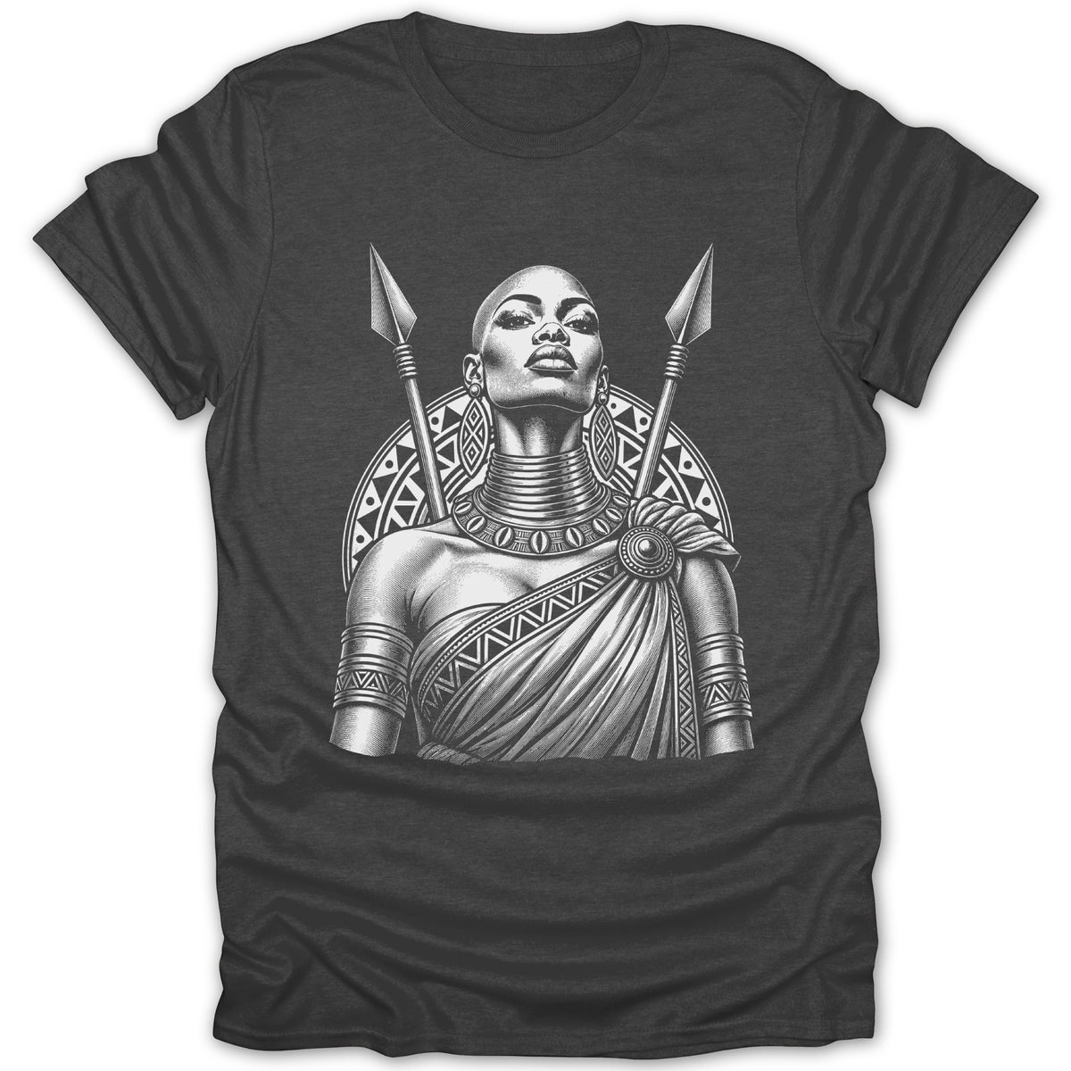 Black and white illustration of a woman warrior with spears and traditional attire.