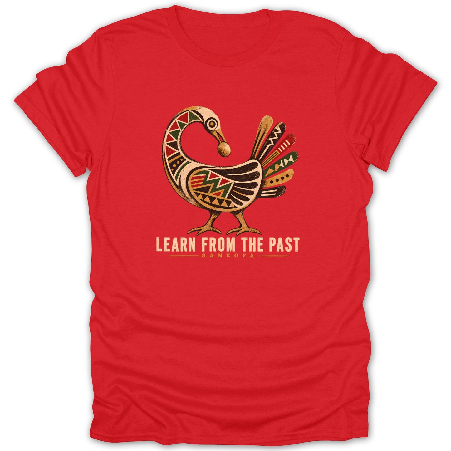 Red t-shirt with a stylized bird graphic and text "LEARN FROM THE PAST SANKOFA".
