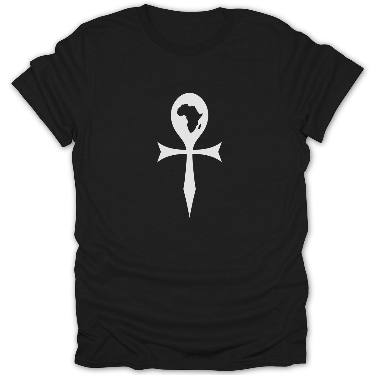 A black short-sleeved t-shirt featuring a white ankh symbol centered on the chest, enclosing a map of Africa.