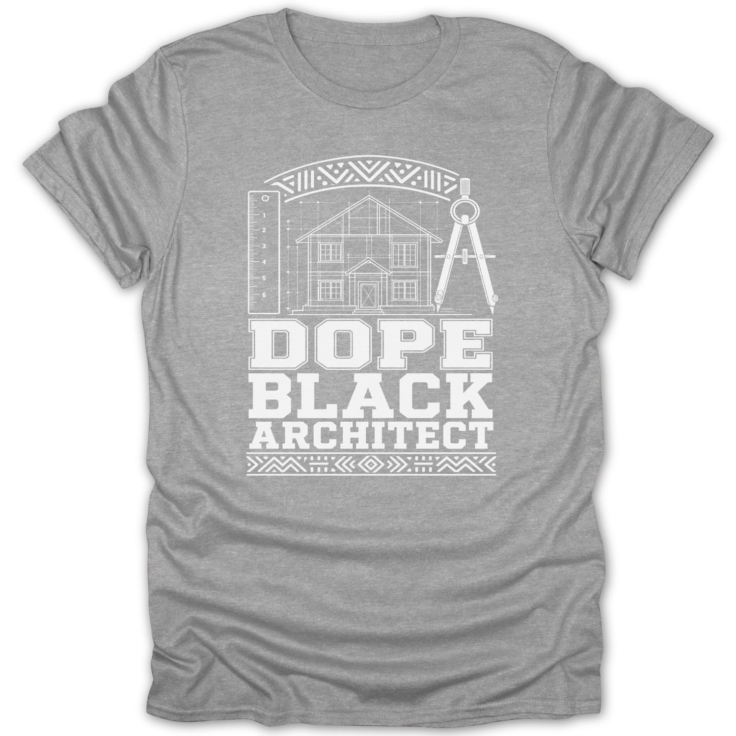Grey t-shirt with "DOPE BLACK ARCHITECT" text and architectural blueprint graphic.