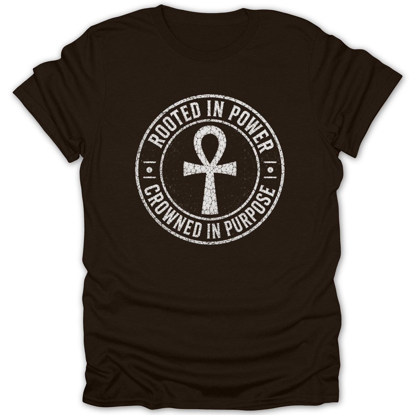 Brown t-shirt with white distressed print of an ankh and text "Rooted in Power Crowned in Purpose".