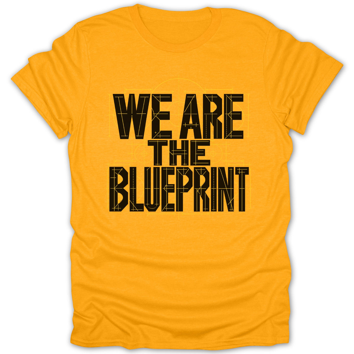 Yellow t-shirt with black text "WE ARE THE BLUEPRINT" and blueprint graphics.
