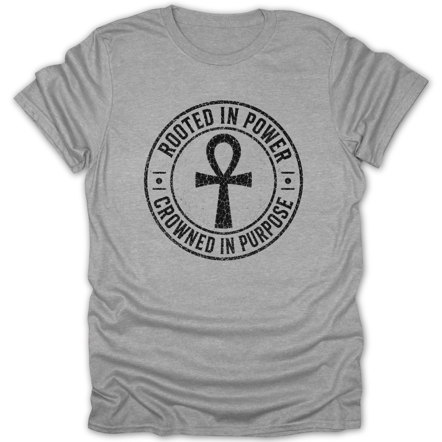 Gray t-shirt with a black circular design featuring an ankh symbol and text.
