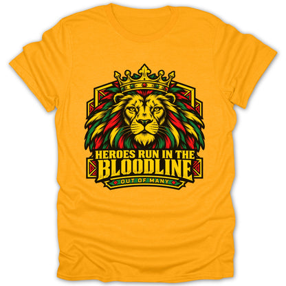 Yellow t-shirt with a lion wearing a crown and the text "HEROES RUN IN THE BLOODLINE OUT OF MANY".
